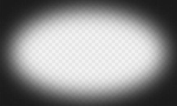 Realistic vignette effect. Overlay oval shadow with soft vignette. Transparent dark vignetted oval frame on transparent background. Vector.
