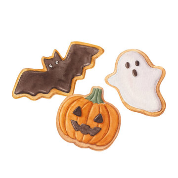 Halloween Watercolor Cookies - Bat, Ghost and Jack O&rsquo;Lantern Pumpkin