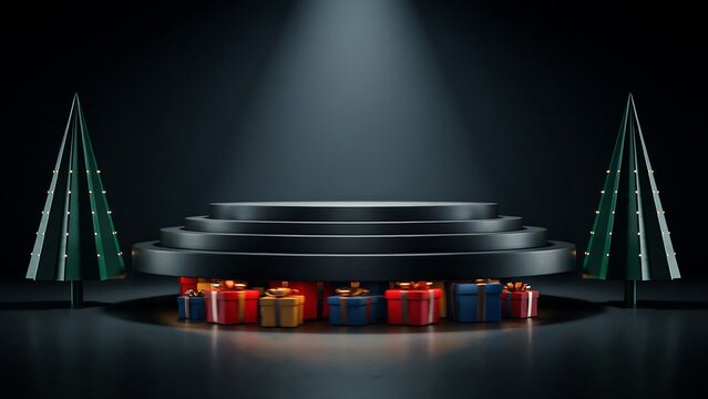 Dramatic stage lighting with empty platform and blurred background for product presentation