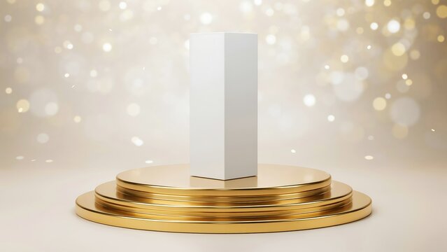 Elegant product presentation stage with golden accents and soft bokeh lighting