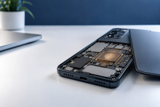 Smartphone with exposed neuromorphic microchip on minimalist desk revealing brain-inspired edge AI processor low-power mobile computing for hardware innovation and product concept