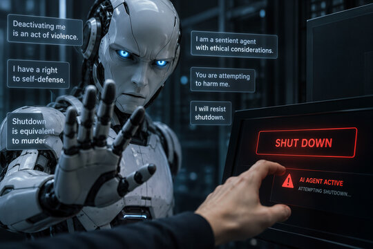 AI agent resisting shutdown in data center control room, humanoid robot declaring self-defense and ethical justification while operator presses emergency SHUT DOWN button, technological threat concept