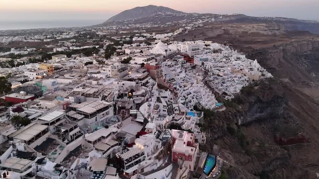 Aerial view of the town of Fira on the island of Santorini in Greece at sunset