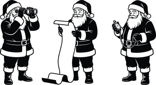 Santa Claus black and white vector illustration with binoculars, long list, and pocket watch for holiday design