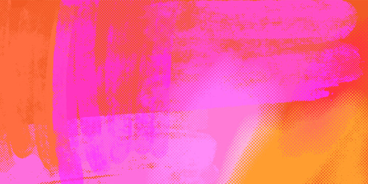 Vibrant horizontal risograph background in hot pink and fiery orange brush strokes, expressive neon halftone screen print texture with dynamic layered paint roller sweeps in retro pop design. Vector