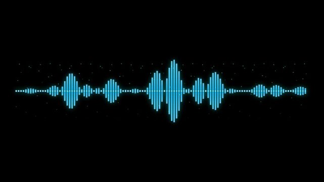 Neon blue digital audio waveform equalizer animation, pulsing sound frequency visualization for music production and technology interface