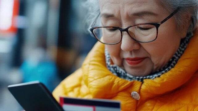 Elderly Woman Using Smartphone and Credit Card for Online Payment