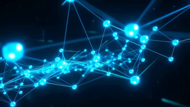 Glowing blue data network nodes and connecting lines drifting in dark space abstract 60 FPS