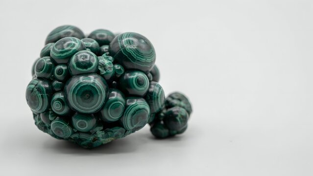 Cluster of polished malachite mineral stones with circular band patterns on white background