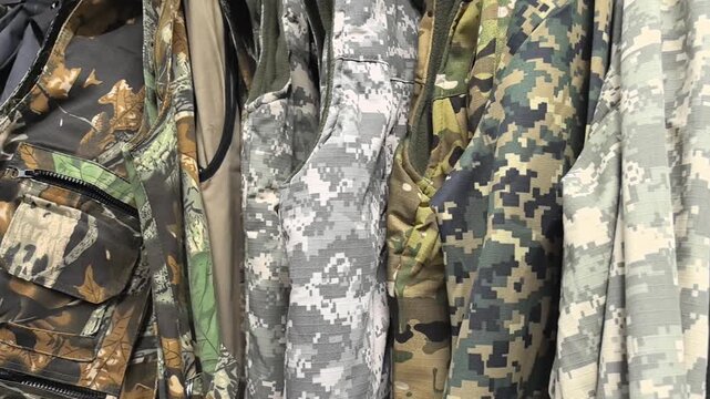 A stunning display showcases a range of camouflage outerwear, highlighting different patterns and colors from urban to woodland designs.