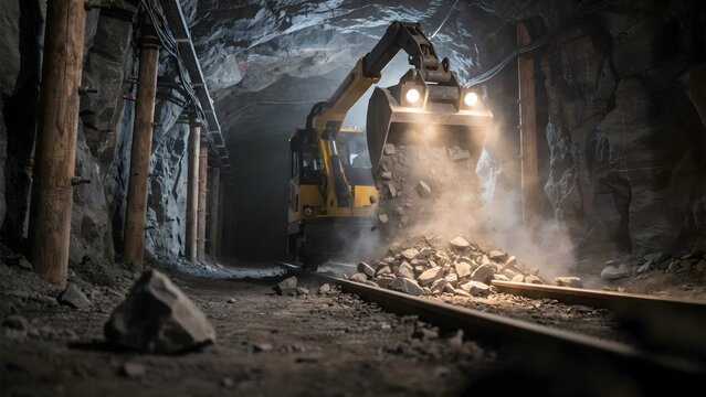 Heavy machinery excavator working inside underground tunnel construction site