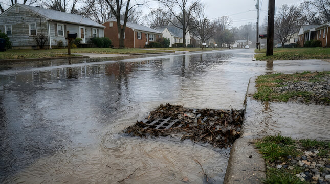 Flooded residential street with clogged storm drain blocked by leaves and debris during heavy rain