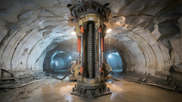 Heavy Tunnel Boring Machine in Operation Inside Subterranean Construction Site