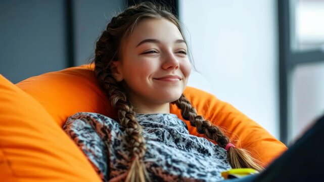 Smiling girl with blonde braids resting on an orange pillow