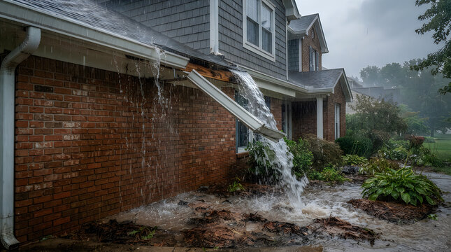 Heavy rain causes a detached gutter to overflow and flood the brick foundation of a suburban home