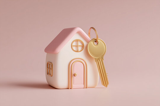 stylized miniature model of a pink house with a golden key on a pastel pink background.