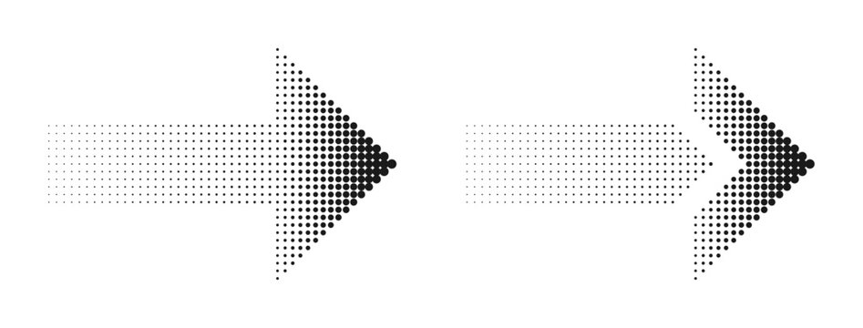 Halftone arrows set. Dotted arrows with halftone effect. Dynamic pointers. Modern navigation or direction signs. Vector.