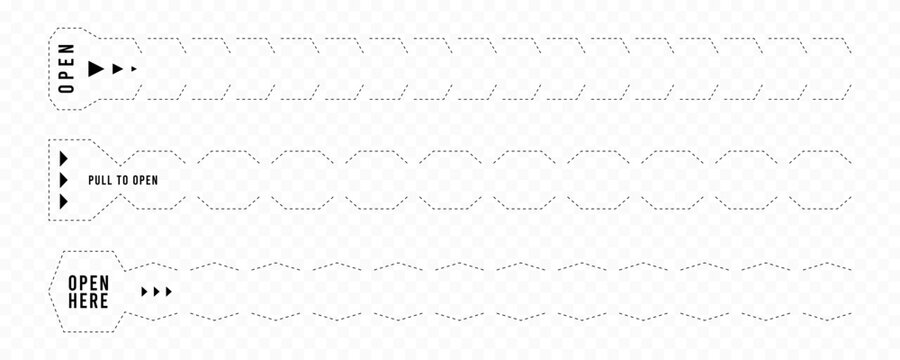 Perforated dotted tear strips on transparent background. Pull to open tear strip set. Perforated lines template with opening guidance. Opening labels with dashed border for packaging designs. Vector