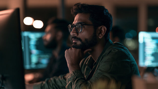 Young Indian Software Developer Coding and Analyzing Program Code on Computer Screens in Modern Office