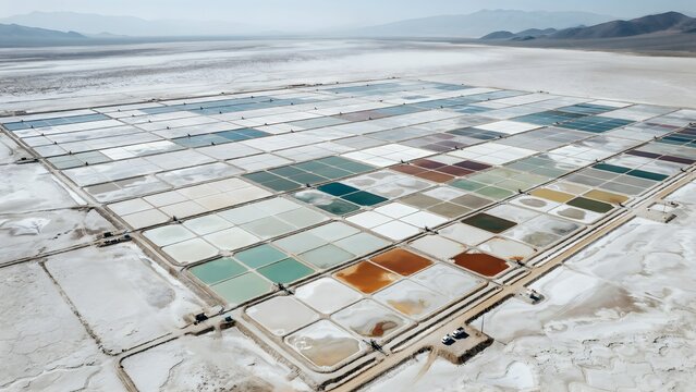 Salt Flats with Rectangular Salt Harvesting Pans and Mountain Background