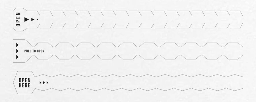 Perforated tear strip on paper. Pull to open tear strip set. Perforated lines template with opening guidance. Opening labels with dashed border for paper boxes, envelopes, cardboard packaging. Vector