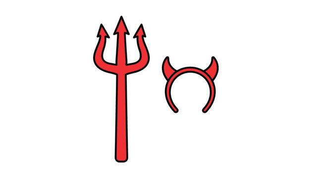 Red devil trident pitchfork and matching horned headband isolated on a clean white background for Halloween themes.