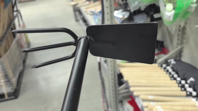 A close-up view showcases a tool designed for gardening, featuring unique prongs and a flat surface. Bright vibes fill the hardware store as customers explore various equipment.