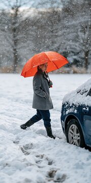 Person walking in fresh snow with a bright orange umbrella near parked car while snowflakes fall for winter weather background and seasonal street scene