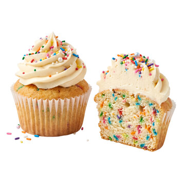 Delicious frosted funfetti cupcakes with colorful sprinkles isolated transparent background