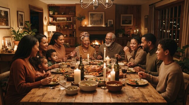 Black woman and family enjoy a warm Thanksgiving dinner around a candlelit table with a roasted turkey and festive food