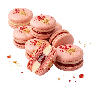 Delicious pink strawberry macarons filled with sweet jam and cream filling transparent background