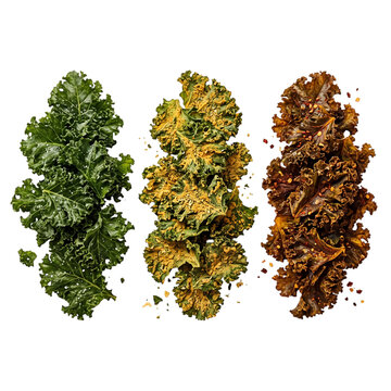 Three piles of different flavored kale chips arranged neatly together transparent background