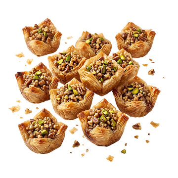 Delicious sweet traditional baklava pastry filled with nuts and pistachios transparent background