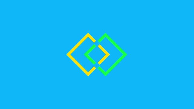 Minimalist geometric animation with interlocking yellow and green lines on blue background, abstract branding