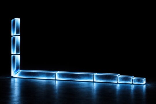 Glowing blue glowing neon blocks forming L shape growth chart on dark background