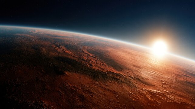 A space scene shows Mars as an orbital mirror array warms the planet while atmospheric thickening begins over centuries.