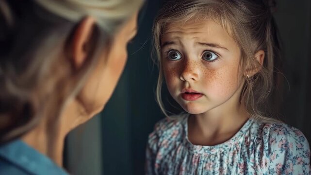 Distressed girl with freckles looking up at an adult
