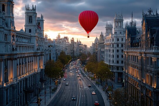 Red hot air balloon over a city street at sunset with grand buildings