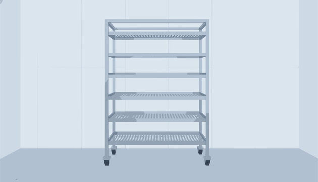 Commercial stainless steel multi-tier utility shelving cart with perforated wire shelves and locking casters on a clean floor.