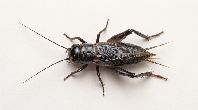 Black field cricket isolated on white background, macro studio photography of live insect, detailed orthoptera view for biology education