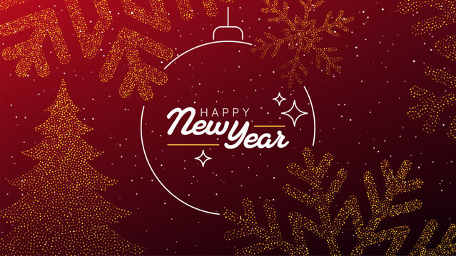 Happy New Year greeting with dotted Christmas tree and festive foliage. New Year holiday celebration. Seasonal greeting card and party invitation. Decorative vector design.