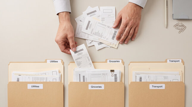 Man organizing receipts into labeled folders for budgeting  