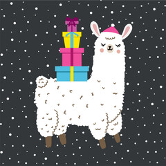 Fototapeta premium Llama or alpaca with santa hat and Christmas gifts. Christmas card