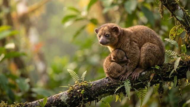 olingo with little one close up at morning light in monteverde costa rica video