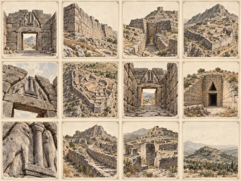 Mycenae Greece ancient ruins archival illustration collection featuring Lion Gate Cyclopean walls citadel tombs and archaeological views in antique engraving style on warm ivory paper