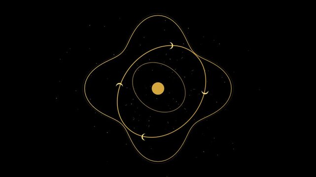 Minimalist celestial illustration featuring a central sun, orbiting moons, and abstract geometric wave patterns against a dark starry background