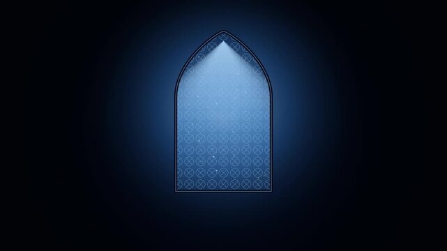 A glowing arched window frame featuring a geometric pattern against a dark blue background, evoking a sense of mystery and traditional architectural elegance