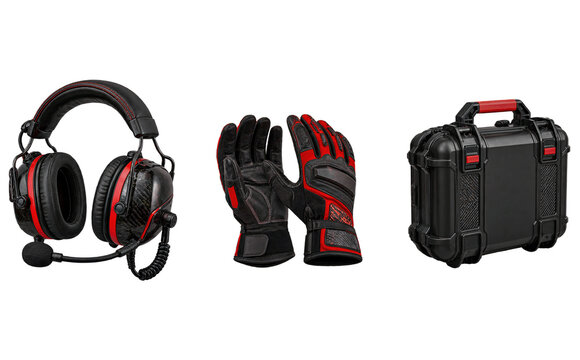 Industrial safety equipment set containing communication headset, protective gloves and rugged equipment case isolated on transparent background