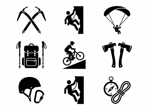 Set of extreme sport, hiking and outdoor activity icons and silhouettes