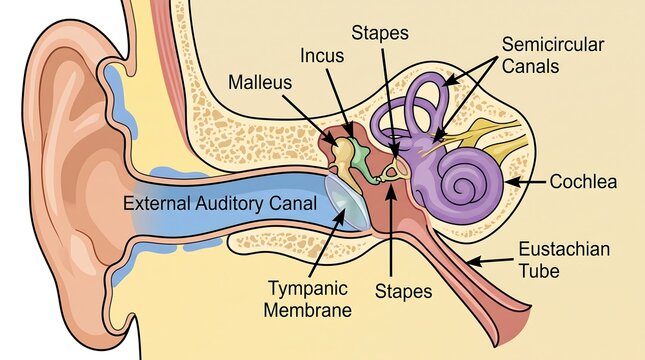 Human ear anatomy diagram showing inner outer ear structures, medical illustration of auditory canal malleus incus stapes cochlea